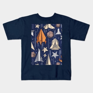 Reaching for the stars // pattern // navy blue background ivory grey brown and orange origami paper asteroids stars and space ships traveling light speed Kids T-Shirt